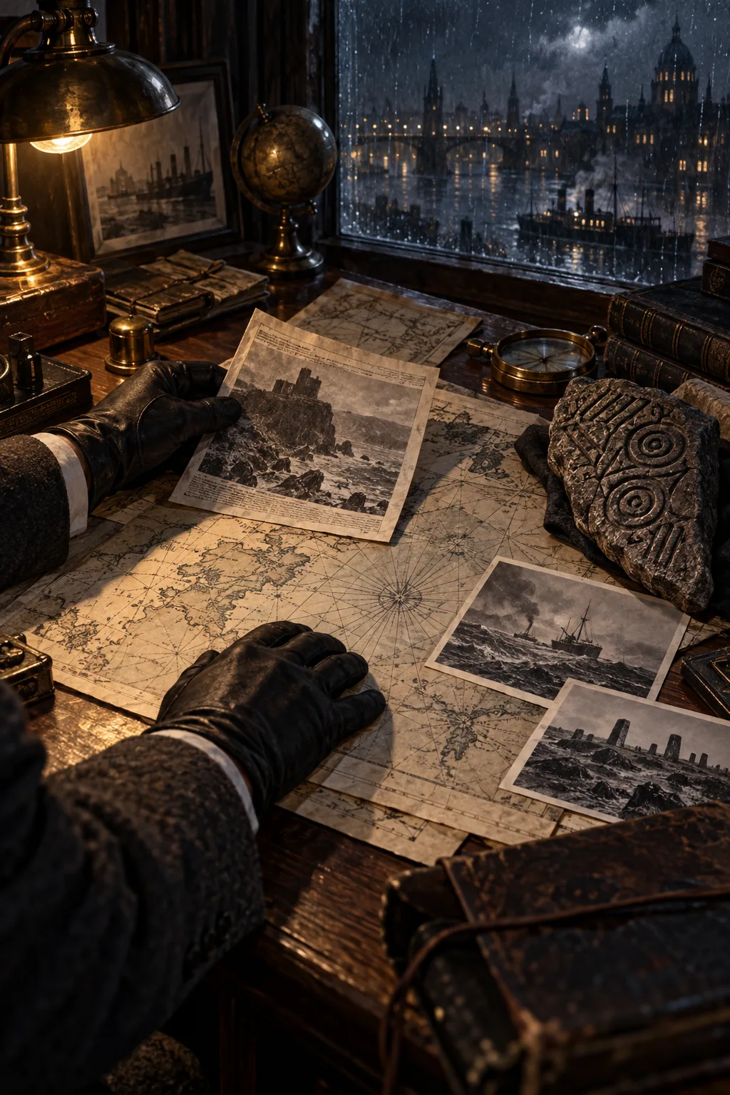 A lamplit investigator's desk holds maritime charts, photographs, and a carved stone